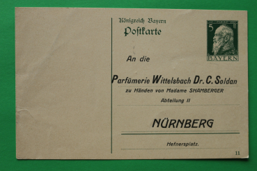 AK Nürnberg / 1910-15 / Ganzsache / Geschäft Parfümerie Wittelsbach Dr C Soldan / Madame Shamberger